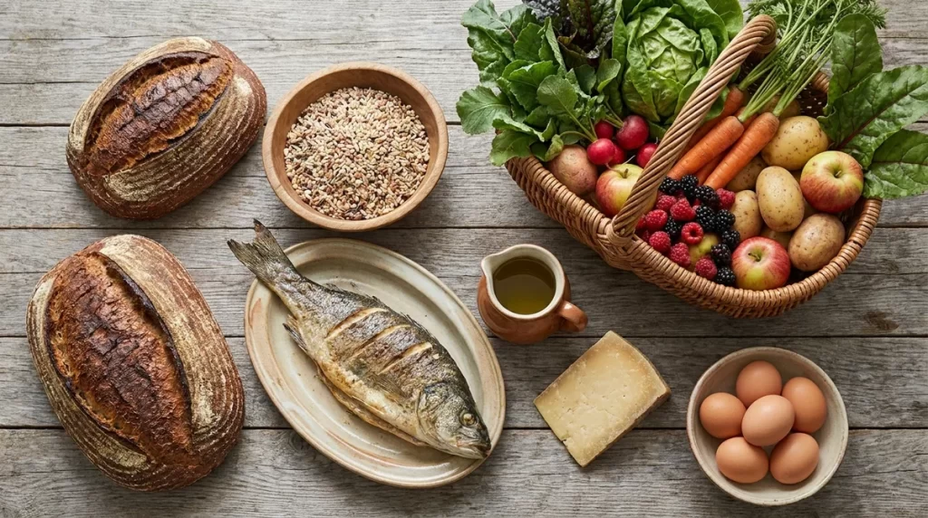 Sveikos mitybos produktai – daržovės, vaisiai, grūdai, žuvis ir pieno produktai ant stalo