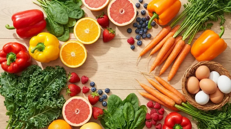 Vitaminų turtingi produktai – spalvingos paprikos, citrusai, žalumynai, uogos ir kiaušiniai